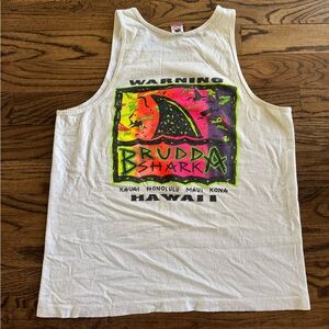 Brudda Shark Hawaii 90’s Vintage Muscle Tank White Cotton Neon Print Men’s XL